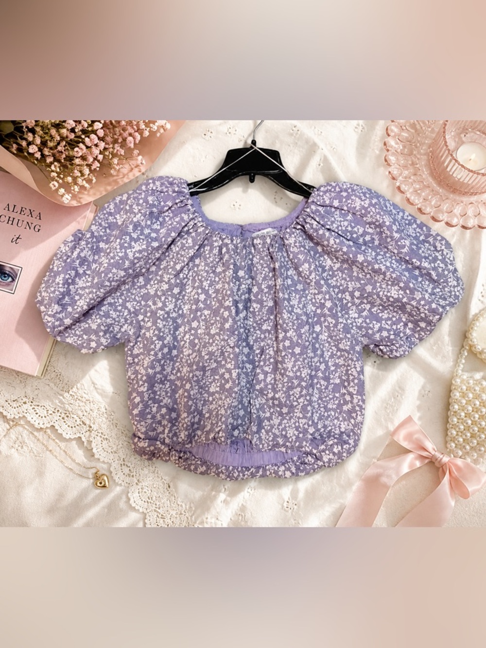 Free The Roses Lavender Floral Puff Sleeve Blouse Small Cottagecore Coquette